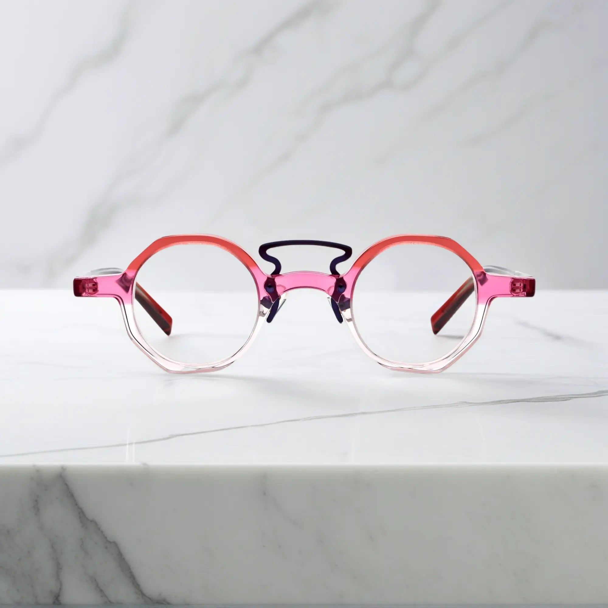 Front display of VoyueLens™ VL19244 Rosé Amethyst Glow geometric acetate eyeglasses perfect for small face fitting